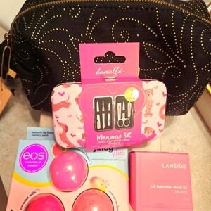 BUNDLE-NWT Cosmetic Bag, Three EOS Lip Balms,Manicure Set,Laneige Lip Sleep Mask